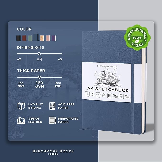 Beechmore Books A4 Sketchbook – 8.5x11 Premium Vegan Leather Bound Large Sketch Book Hardcover with 156 Thick 160gsm Perforated Ivory Pages, Blank Sketch Pad, Gift Boxed, Back Pocket, Ribbon Bookmark