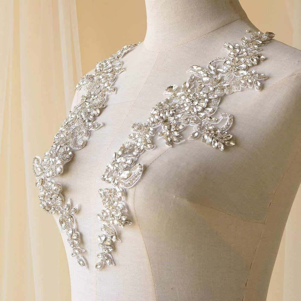Sparkling Rhinestone Applique Heavy Beads Motif Diamante Crystal Lace Patch C...