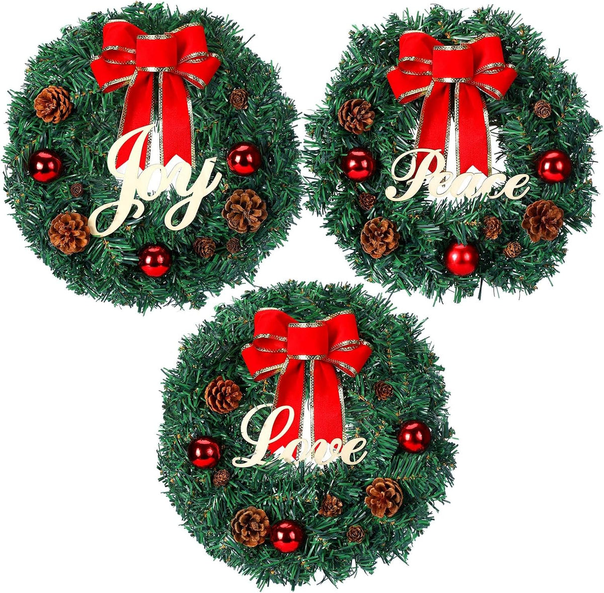 Dingion 3 Pcs 12 Inch Christmas Wreaths for Window, Joy, Peace, and Love