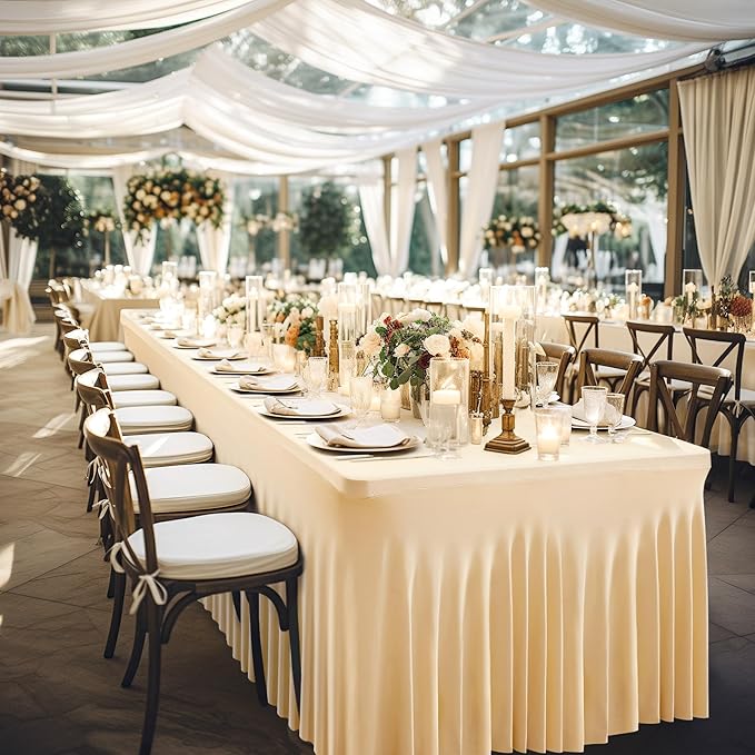 2 Pack Champagne Spandex Table Clothes for 6 Foot Rectangle Tables, 6FT Wrinkle Free Fitted Tablecloths Ruffles Design Table Cover for Party, Banquet, Wedding and Events