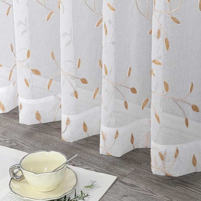 VISIONTEX White Sheer Voile Curtains, Decorative Orange Leaves Embroidery Faux Linen Rod Pocket Window Drapes for Home Kitchen, Living Room and Bedroom 54 x 95 Inch, Set of 2 Curtain Panels