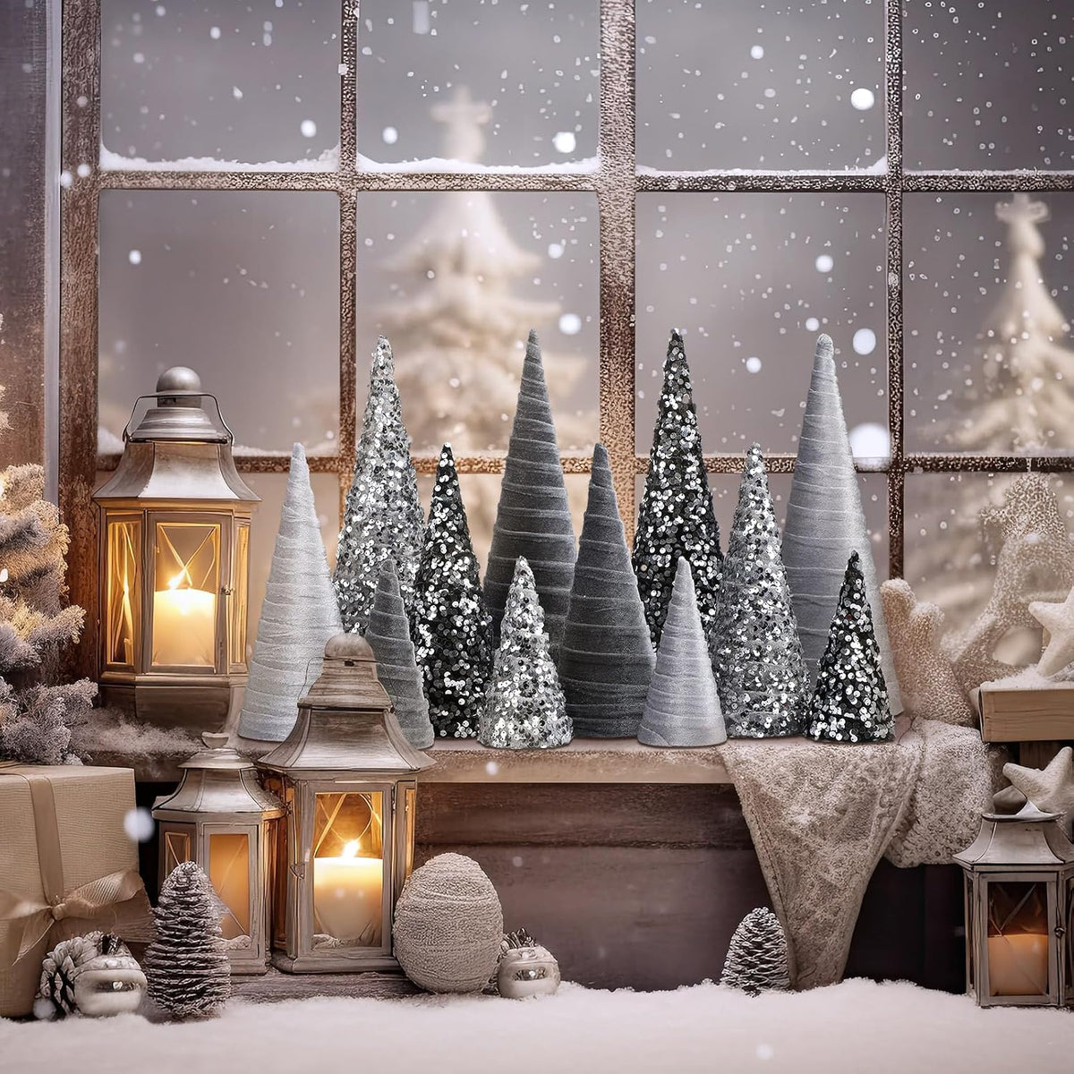 Ireer 12 Pcs Silver Gray Christmas Velvet Cone Tree Table Centerpiece Decor