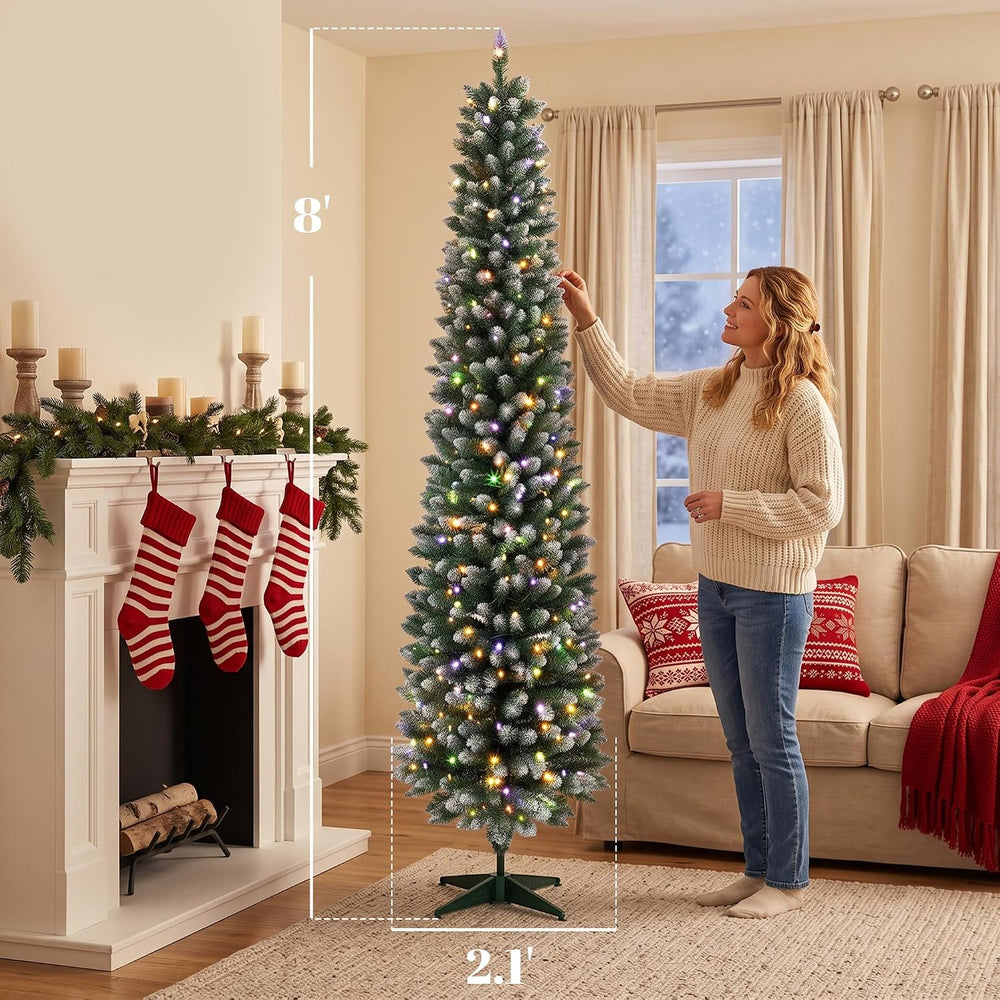 HOMCOM 8ft Pencil Prelit Christmas Tree, Dual Color, Flocked, Green White