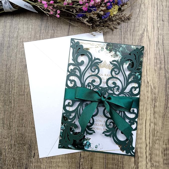 25PCS Laser Cut Wedding Invitations Cards with Envelopes,Blank Inner Sheets,Ribbons for Wedding Bridal Shower Quinceañera Engagement Birthday Invites (pearl emerald green)