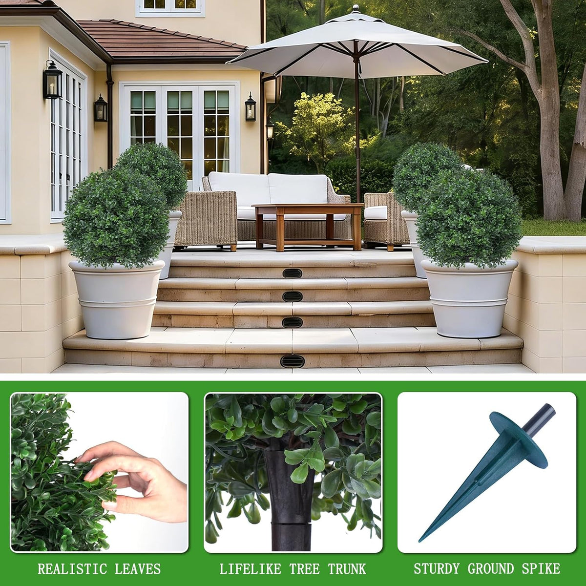 Yangrass 2PCS 24" Artificial Boxwood Topiary Ball Trees with Ground Spike