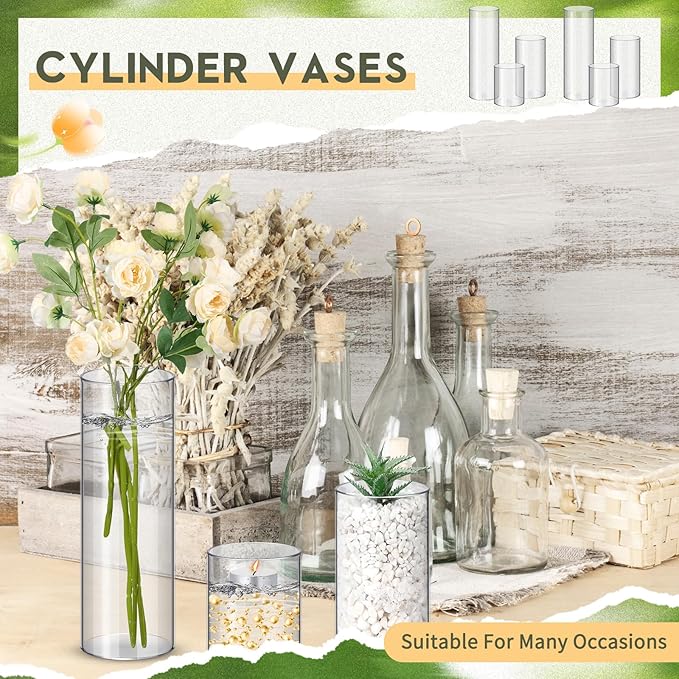 Nuogo 24 Pcs Plastic Cylinder Vases Tall Clear Flower Vases for Centerpieces Hurricane Candle Holder for Home Wedding Office Party Formal Dinners Decorations (4''/6''/8'')