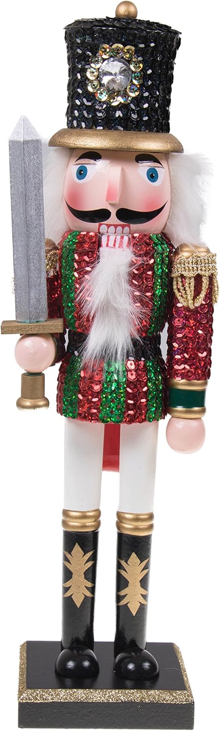 Clever Creations Red and Green Sequin Soldier 14 Inch Traditional Wooden Nutcracker, Festive Christmas Décor for Shelves and Tables