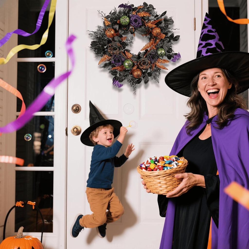 22 inch halloween wreath for front door, spooky shown in use