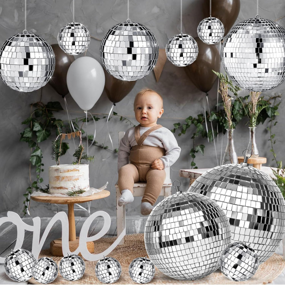 WILLBOND 17 Pcs Silver Disco Ball Set, Multi Size, 12, 8, 6, 4, 3.2 Inch