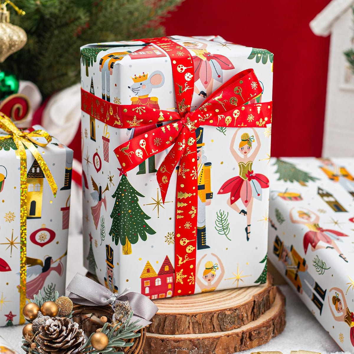burymento christmas wrapping paper, white nutcracker gold foil, package contents