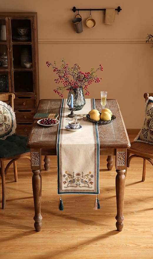 patdrea Designer Beige Farmhouse Geometric Patterned Linen Table Runner 71 Inch Long,Wrinkle Resistant Table Mat,Decoration for Kitchen Dining and Coffee Tables Banquet Christmas , 12"x71"