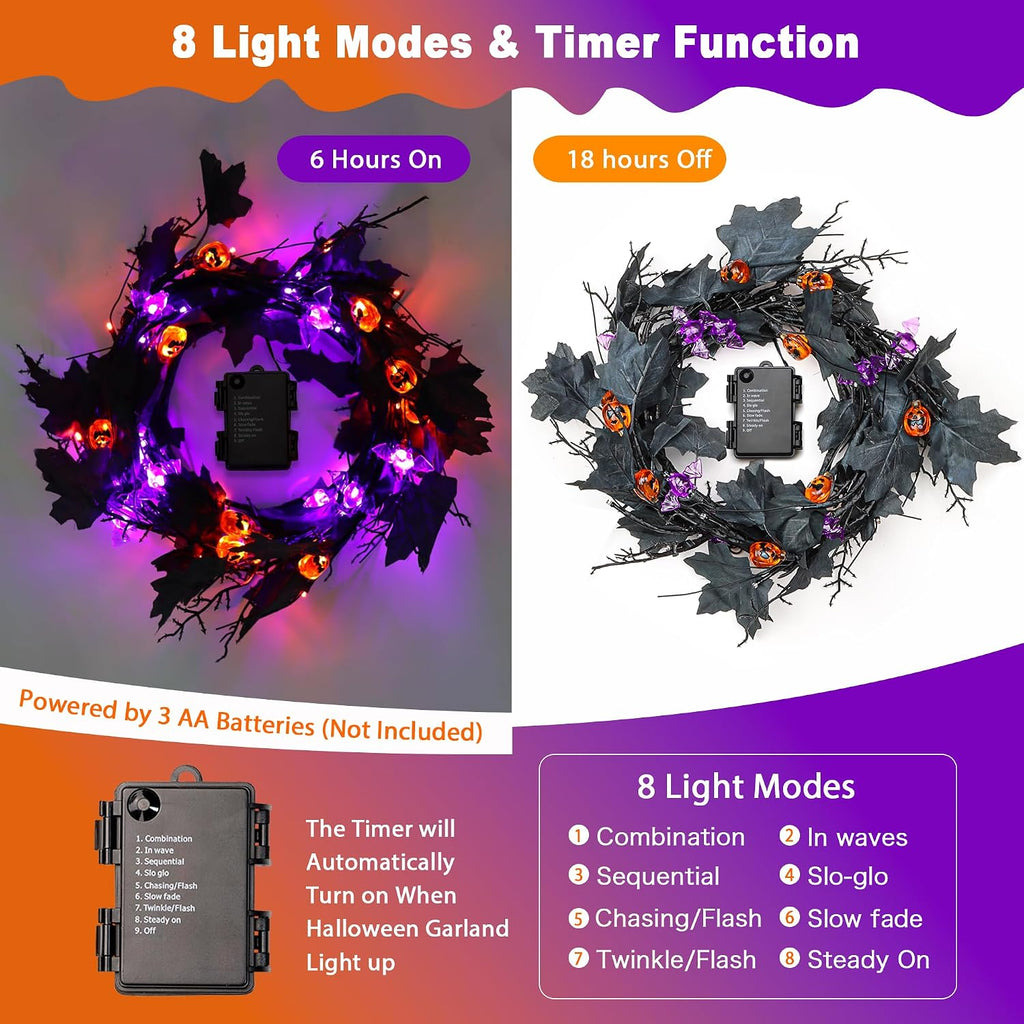 9FT 72 LED Halloween Willow Vine Twig Decor Black Halloween Garland with Pumpkin Bat Orange & Purple Light, 8 Modes Waterproof Battery Operated Halloween Lights Indoor Halloween Decorations Wall Table