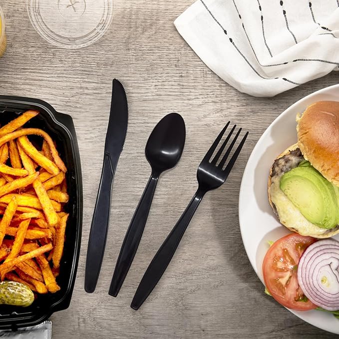 Black Compostable Silverware, 300 Count Compostable Utensils, Plastic 120 Forks 120 Spoons 60 Knives,Non Plastic Utensil, Eco Friendly Disposable Silverware for Party Office Wedding