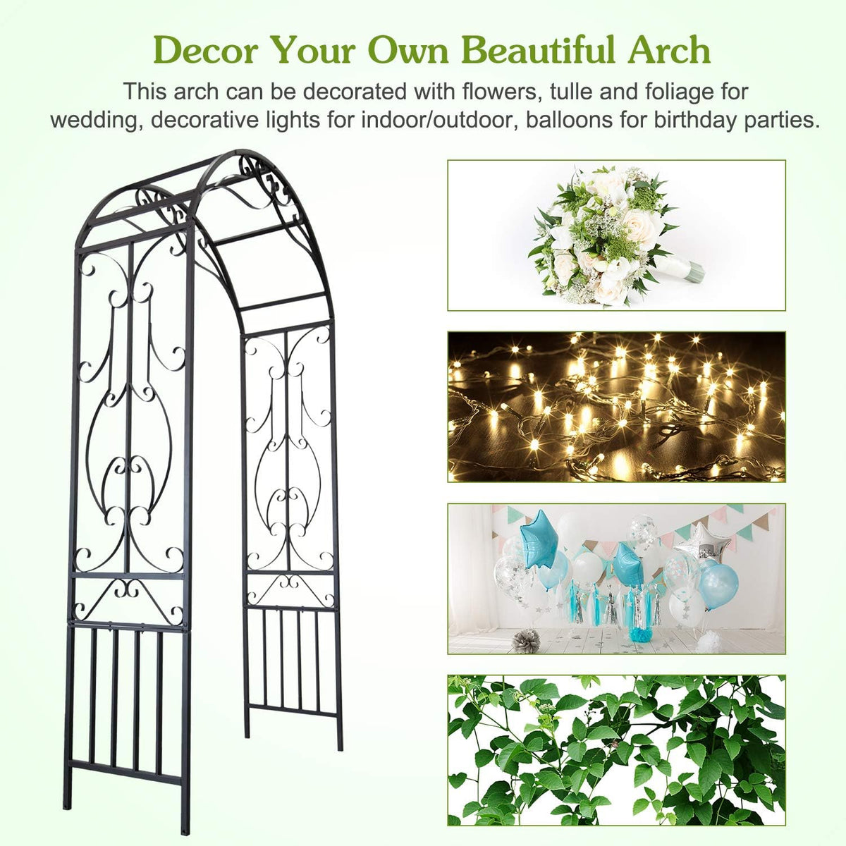 kinbor Garden Arches Arbor, Outdoor Black Metal Arbor, Wedding Archway