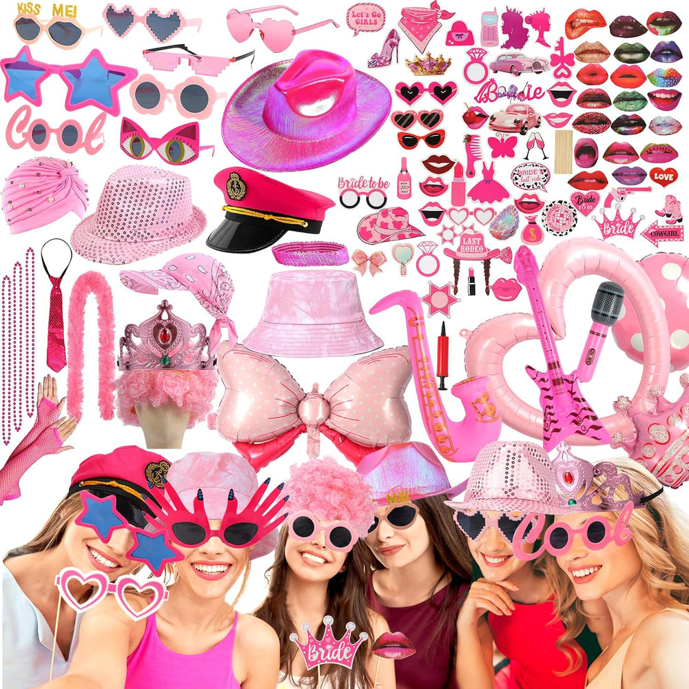 Bulk Premium Hot Pink Funny Photo Booth Props Set for Women, Cute Hot Pink Ha...