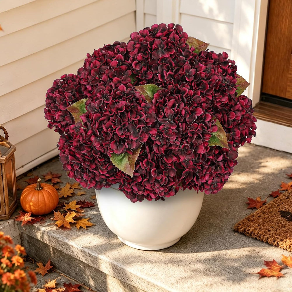 Hollyone Burgundy Hydrangea Artificial Flowers 2PCS Fake Fall Flowers Decor