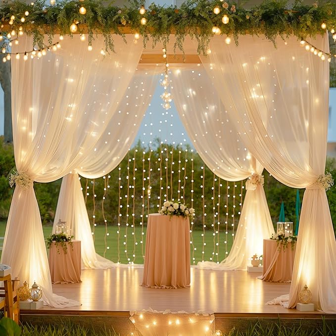 10ft x 10ft Champagne Chiffon Backdrop Curtain with Lights String for Parites Wedding Wrinkle Free Curtain Photo Backdrops Drapes for Baby Shower Birthday Party Home Decorations