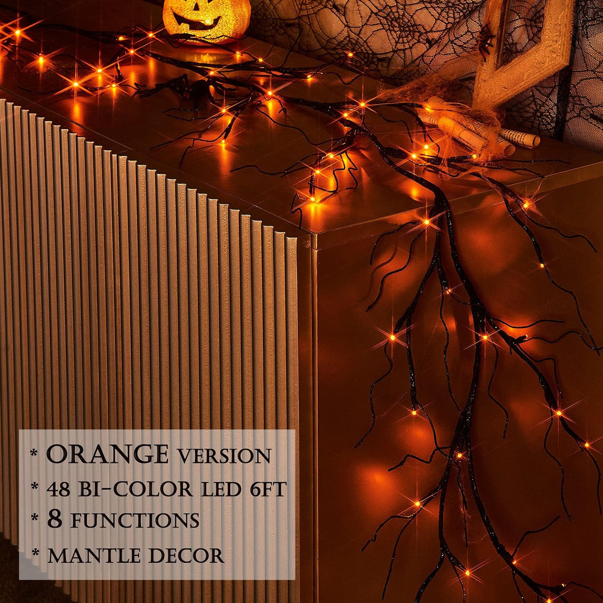 LITBLOOM Lighted Black Glittered Garland with 48 Orange and Purple Bi-Color Lights, Halloween Garland with Lights 8 Functions 6FT Battery Operated for Home Party Halloween Decoration Indoor Outdoor