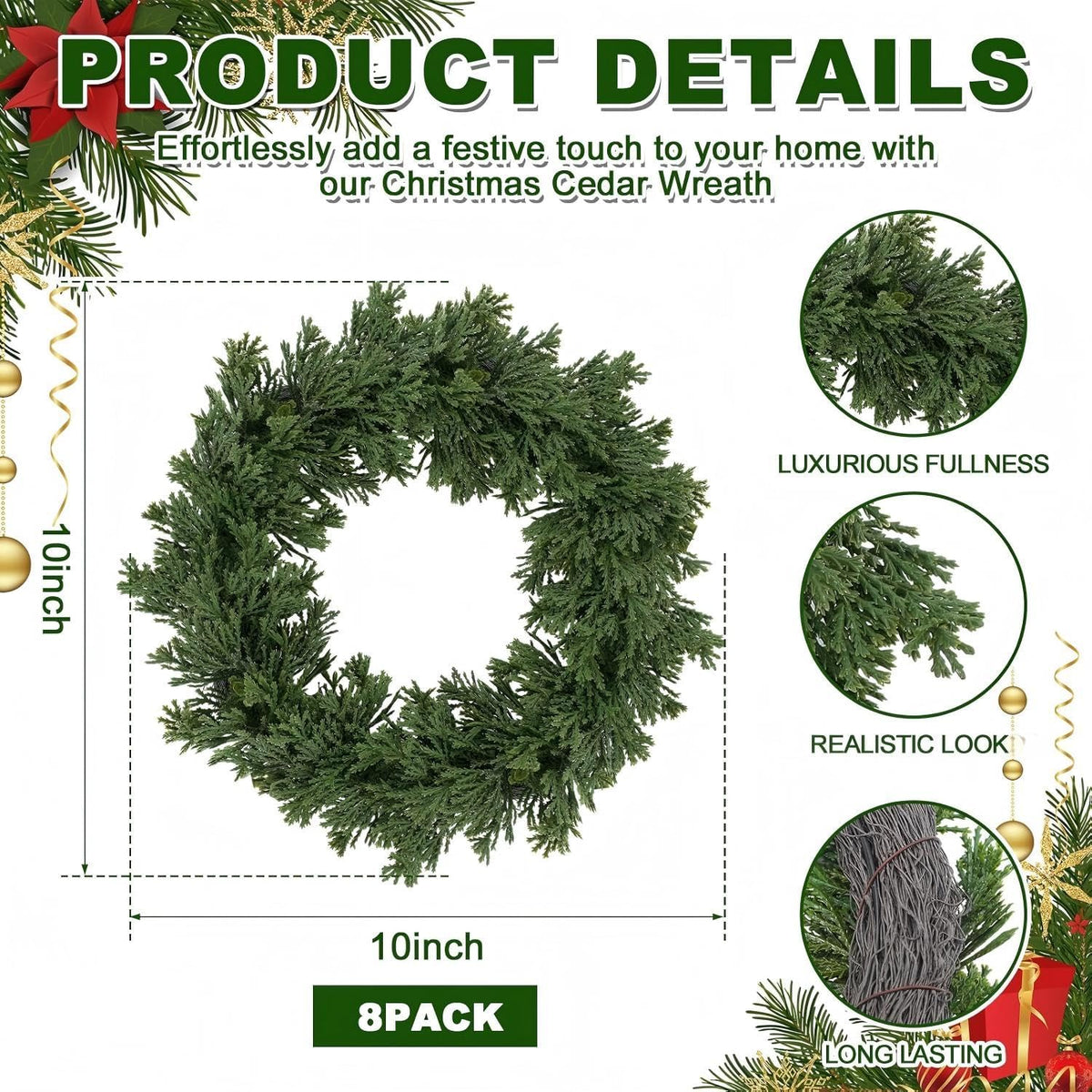 dingion 8 pcs 10 inch christmas cedar wreath shown in use