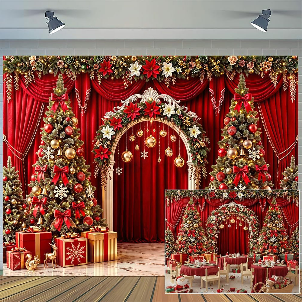 Christmas Backdrop Red Curtain Arch Xmas Tree Photo Background
