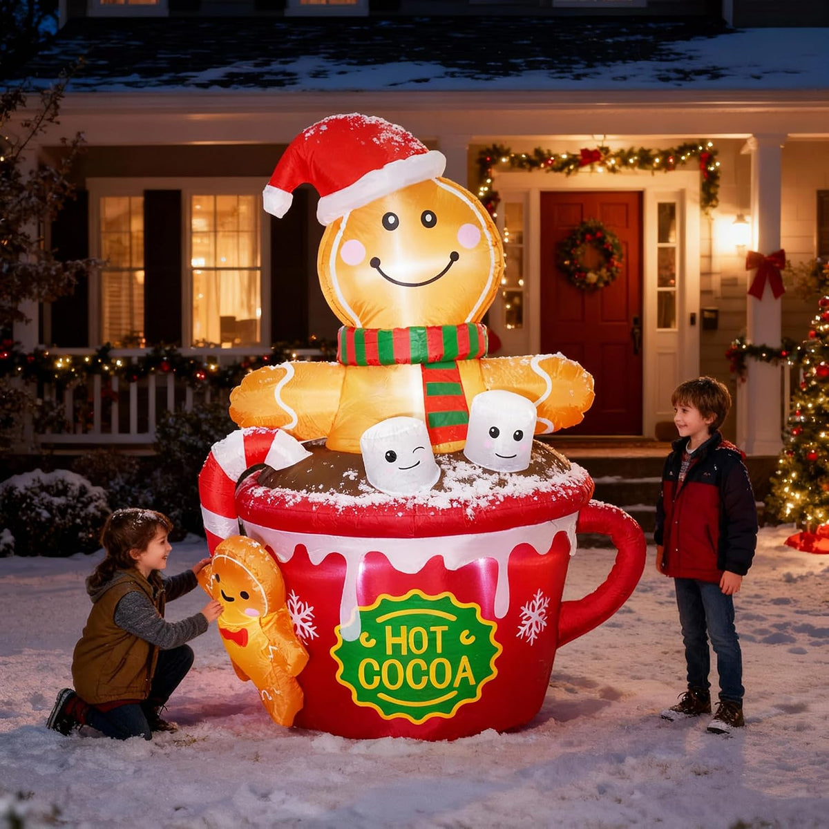 ZPISF 6 FT Christmas Inflatables Outdoor Decorations, Cute Christmas Blow Up Yard Decorations Gingerbread Man in Hot Cocoa Mug Scene for Garden Lawn Xmas Decor