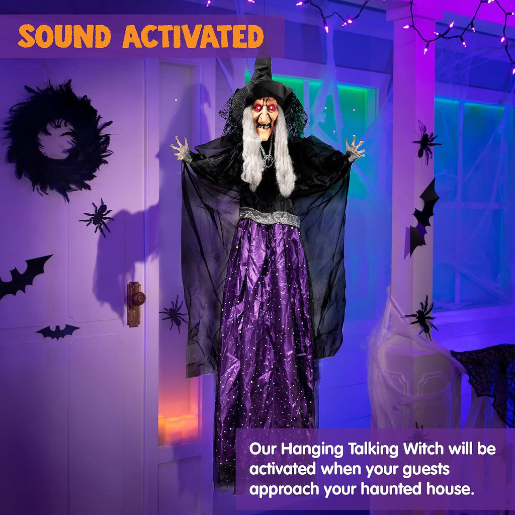 JOYIN 47” Animated Witch Halloween Decorations Outdoor Indoor, Scary Halloween Animatronics Decor, Hanging Ghost Talking Sound Activated Led Lights Eyes Haunted House Yard Garden Lawn