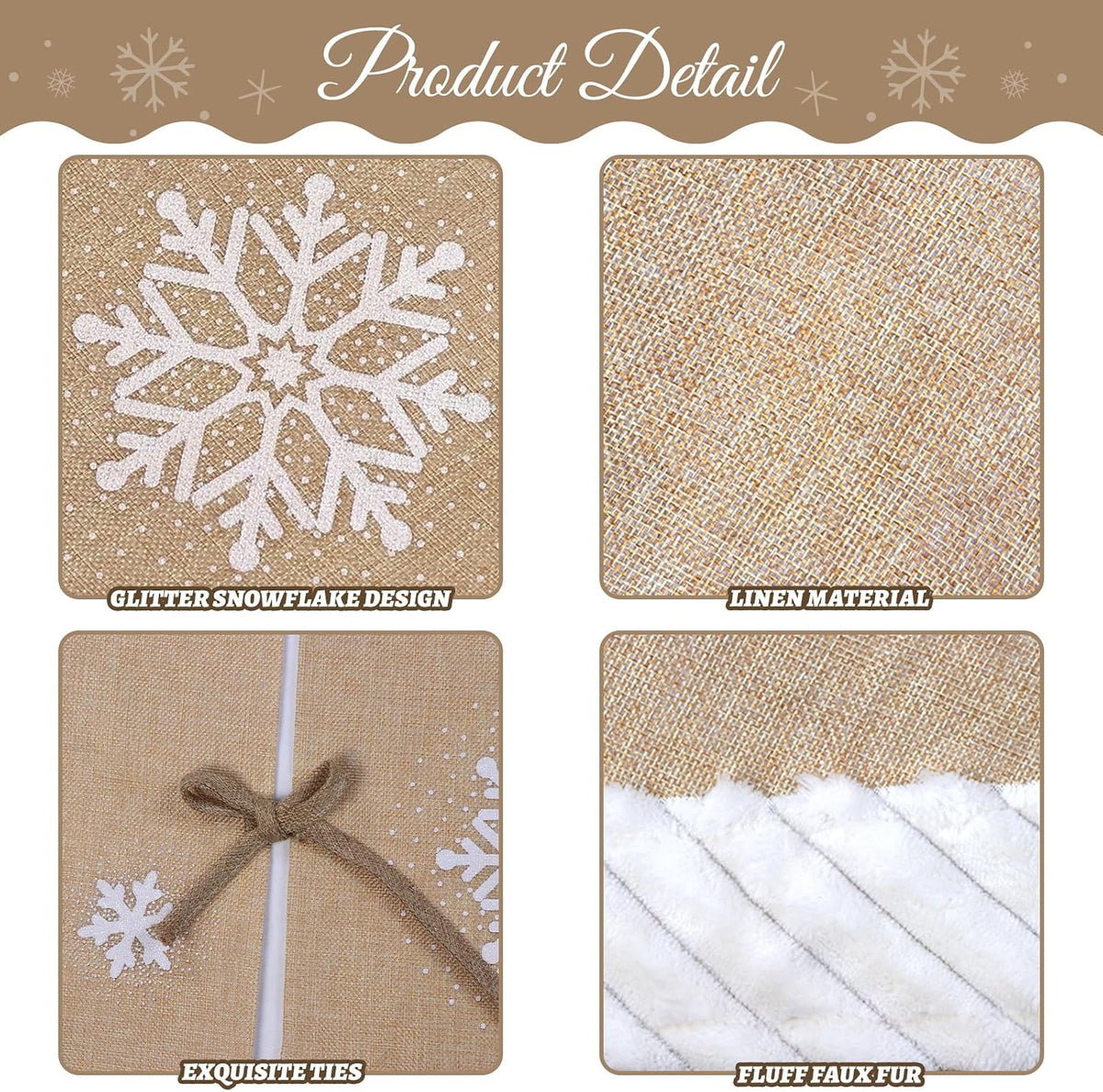 OurWarm Christmas Tree Skirt 60 inches, Burlap Tree Skirt for 7.5 ft Tree to 9 ft Tree, Large Snowflake Tree Skirt with Faux Fur, Xmas Tree Skirts for Winter Indoor Holiday Christmas Tree Decor