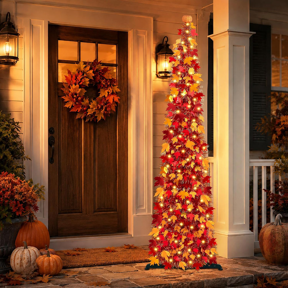 [Timer] 5FT Fall Tree with Lights, 50 LEDs Tinsel Maple Tree with Pumpkin Top...