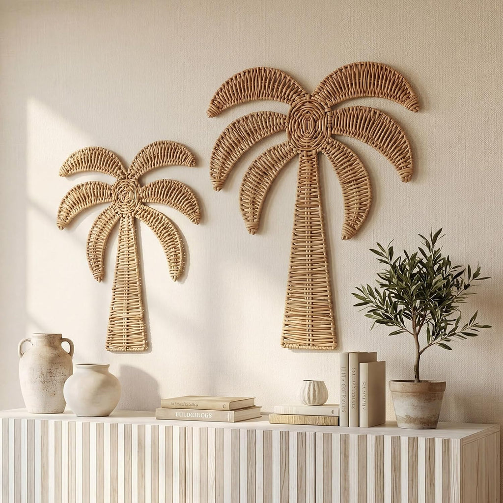 Cinnvoice 2 Pcs Rattan Palm Tree Wall Decor Tropical Art, 15.5'' & 14''