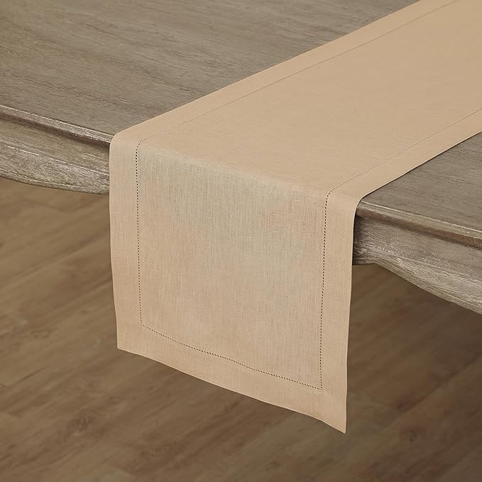 Solino Home Linen Beige Table Runner 120 Inches Long - 100% Pure Linen 14 x 120 Inch Table Runner for Fall, Autumn, Thanksgiving, Christmas - Classic Hemstitch