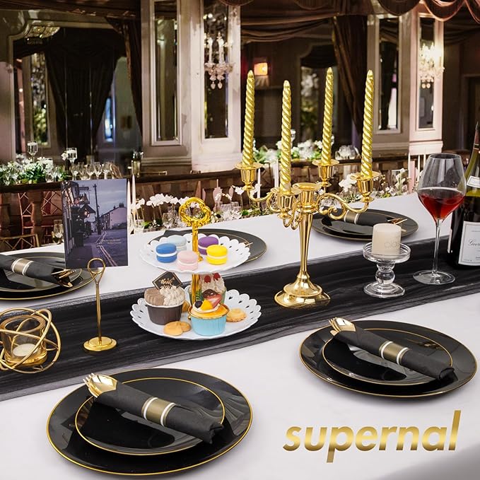 Supernal 60 Pack Gold Silverware, Rolled, Pre Wrapped with Black Napkins, Heavy Duty Plastic Cutlery, Forks and Spoons
