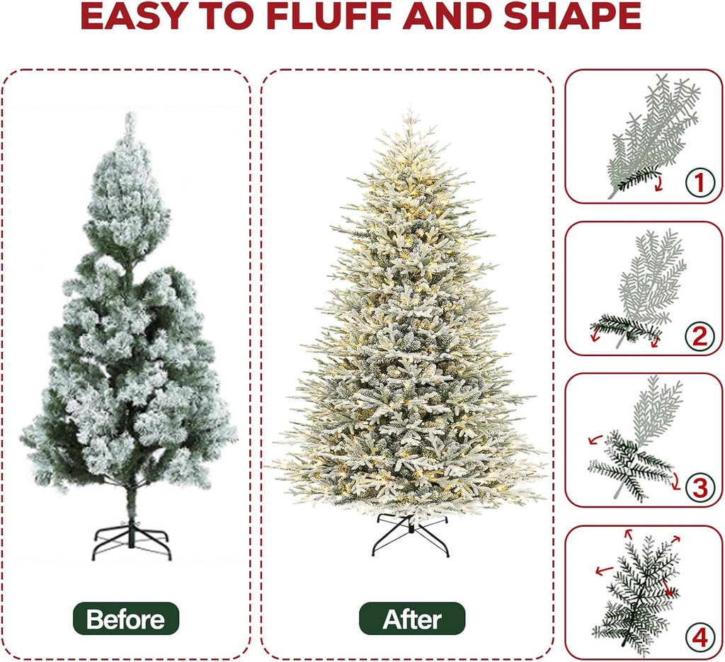 Hykolity 7.5 ft Prelit Flocked Christmas Tree with Realistic PE Foliage