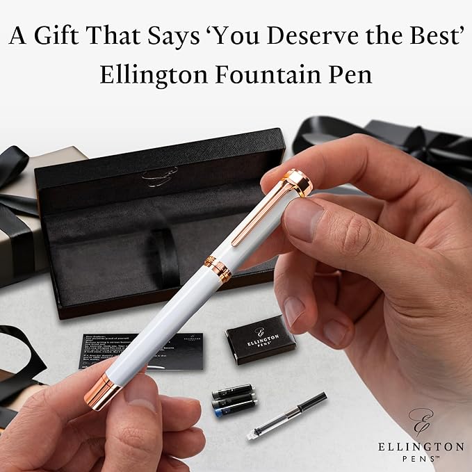 Ellington Pens Luxury Fountain Pen Set- Fountain Pens for Writing - Smooth Fine Nib - Includes Refillable Ink Converter, 3 Ink Cartridges [Black & Blue], Gift Box - Elegant Calligraphy