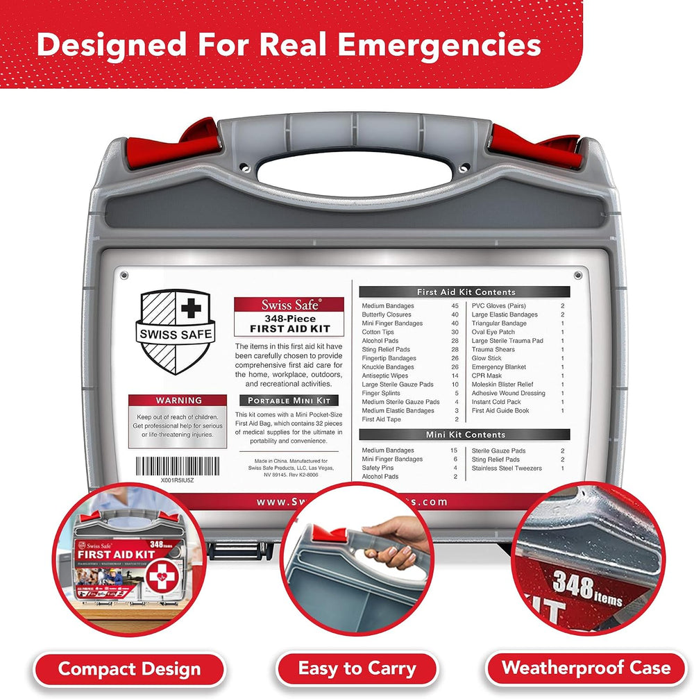 Swiss Safe 2-in-1 348 Pcs Large First Aid Kit for Camping, Travel & Car