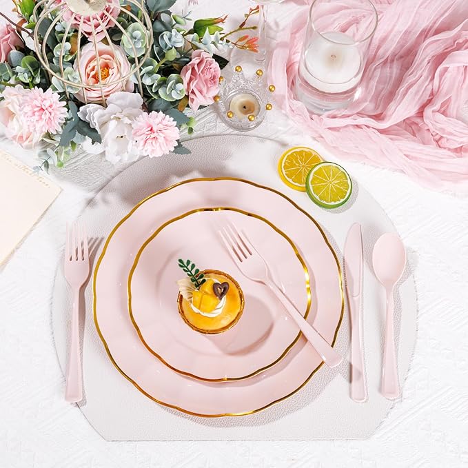 Supernal 300 Pieces Pink Plastic Silverware Heavy Duty Disposable Silverware Pink Utensils Disposable Cutlery Set 100 Forks 100 Knives 100 Spoons for Wedding Party Supplies Everyday Use