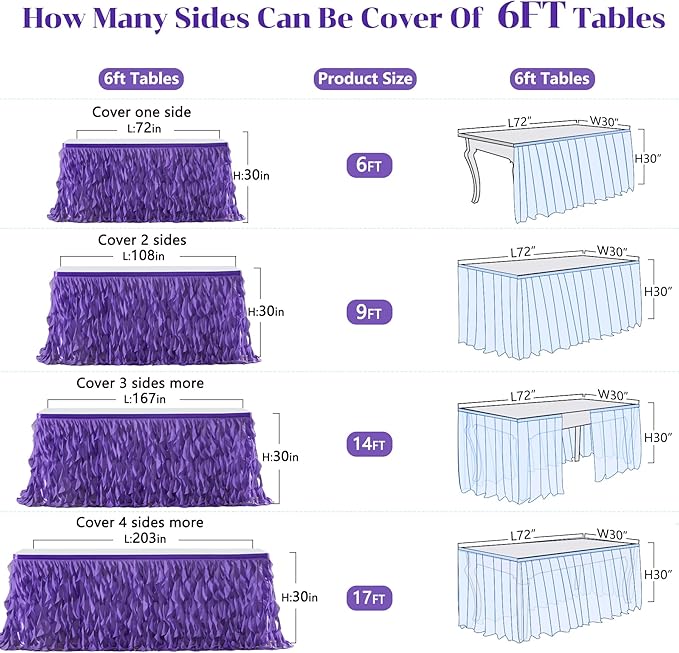 PARTISKY Mermaid Purple Tulle Curly Willow Table Skirt for Rectangle Table 9ft, Ruffle Tutu Table Cloth for Girls Boys Baby Shower,Mermaid Birthday Party