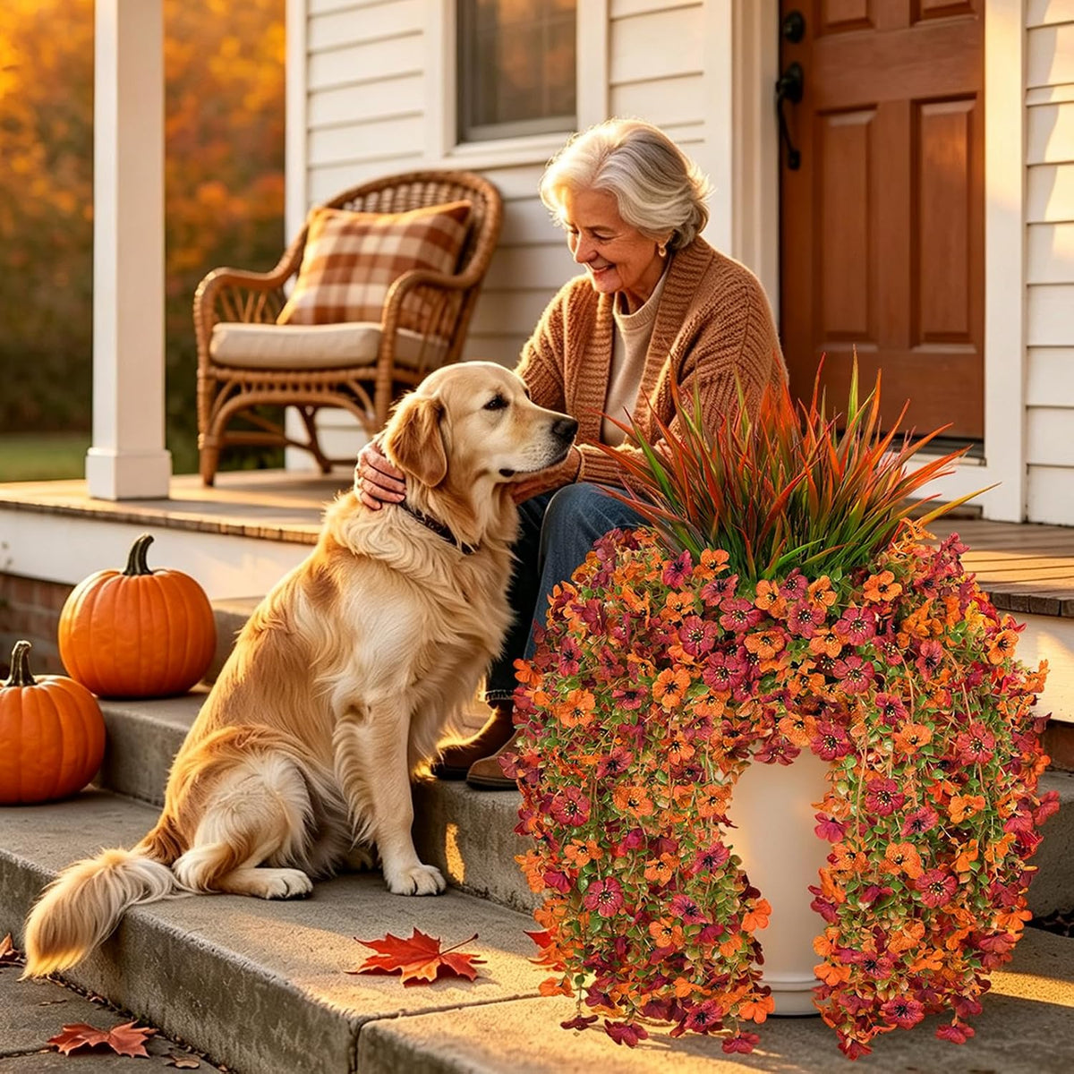 7PCS Artificial Fall Hanging Flowers for Outdoor, Five-Petaled Faux Mums