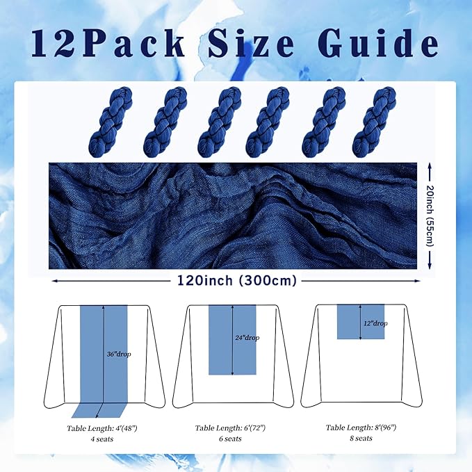 10FT 12 Pack Royal Blue Cheesecloth Table Runner 20 x 120 Inch Long Rustic Gauze Cheese Cloth Table Runner for Wedding Bridal Baby Shower Table Decorations Boho Fabric Sheer Birthday Party Table Decor