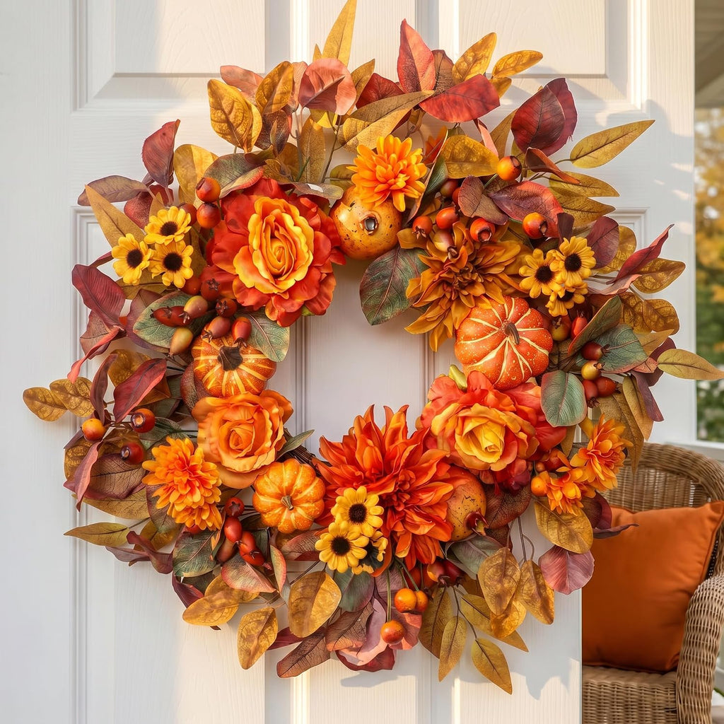 24 inch fall wreaths for front door autumn, close-up detail