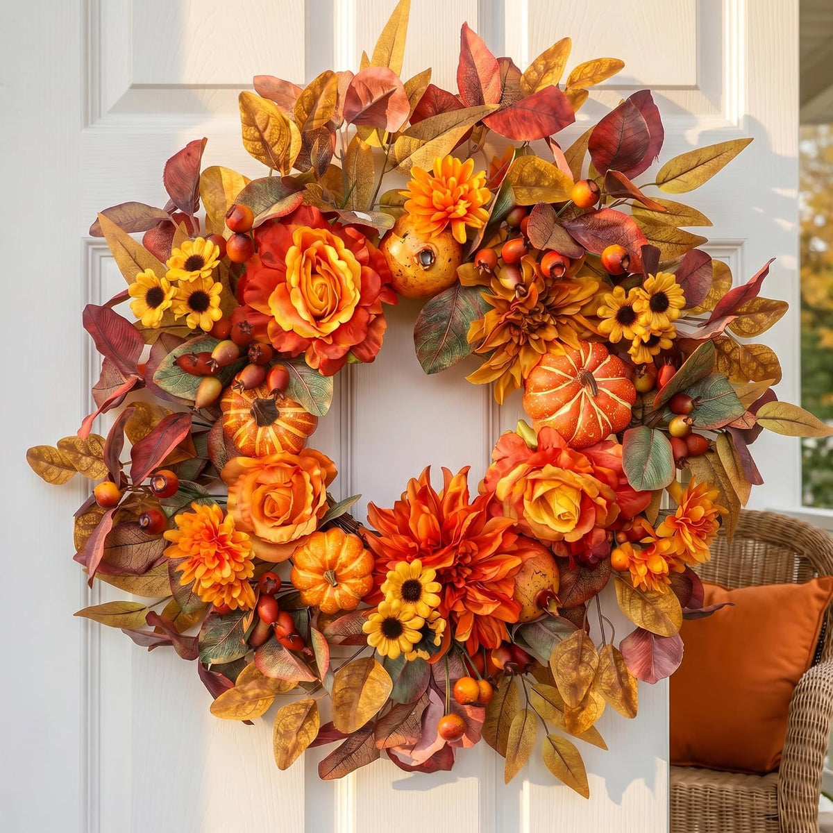 24 inch fall wreaths for front door autumn, close-up detail
