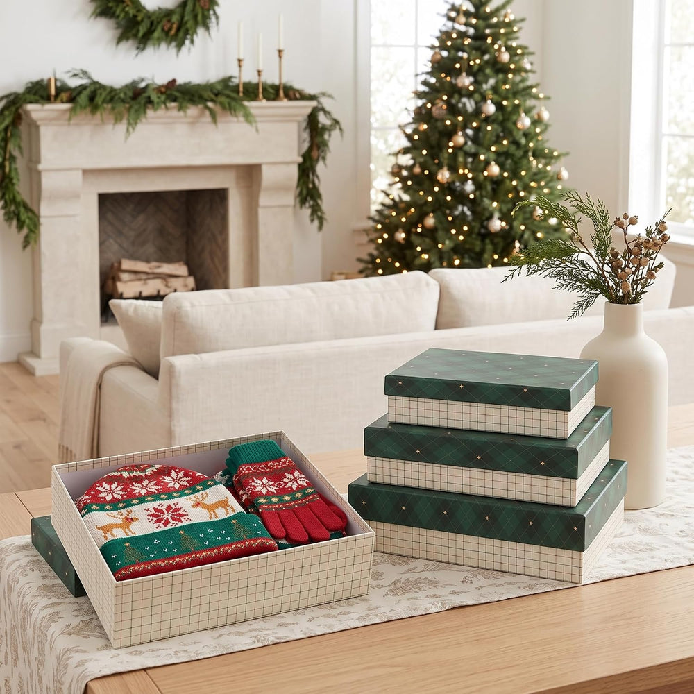 Soul & Lane - Check Christmas Gift Boxes with Lids, Set of 4, Holiday Boxes