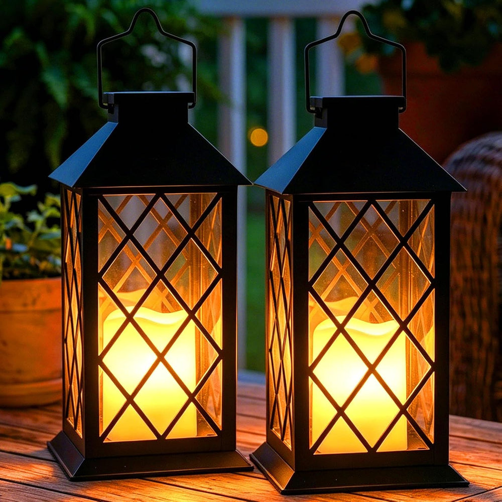 2 Pack 14'' Large Tempered Glass Solar Lanterns Outdoor Waterproof