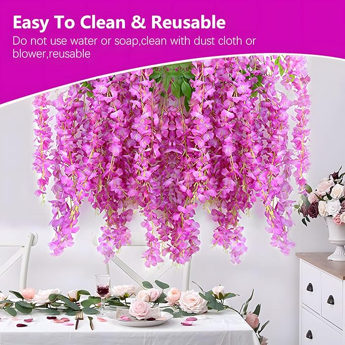 24 Pack Purple Red Wisteria Hanging Flowers, 3.4 Ft Fake Hanging Flowers, Artificial Wisteria Garland Vines for Wedding Room Backdrop Outdoor Patio Garden Decoration