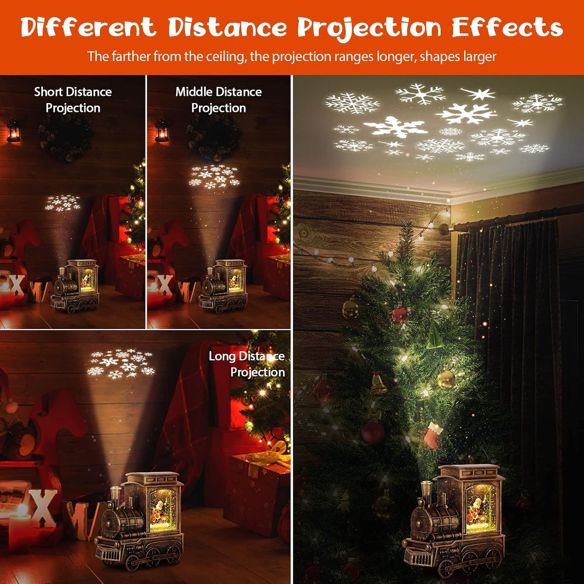 FUSPWEAO Vintage Musical Christmas Snow Globe Lantern with Snowflake Projection, Lighted Christmas Train Snow Globe with Santa, Water Swirling Glitter and 6H Timer, Xmas Gift