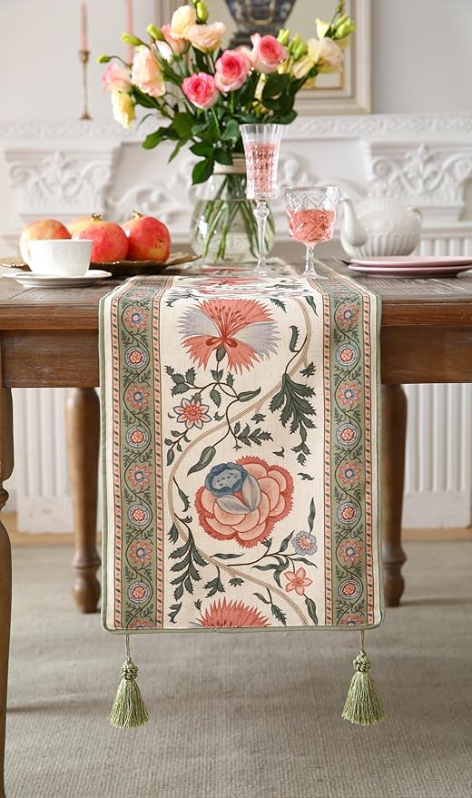 ISAENNE Designer Vintage Linen Table Runner 102 Inches Long,Elegant Floral Pattern Wrinkle Resistant Table Runners for Dining Tables,Thanksgiving,Kitchen Tables,Christmas,12"*102"-Daffy B