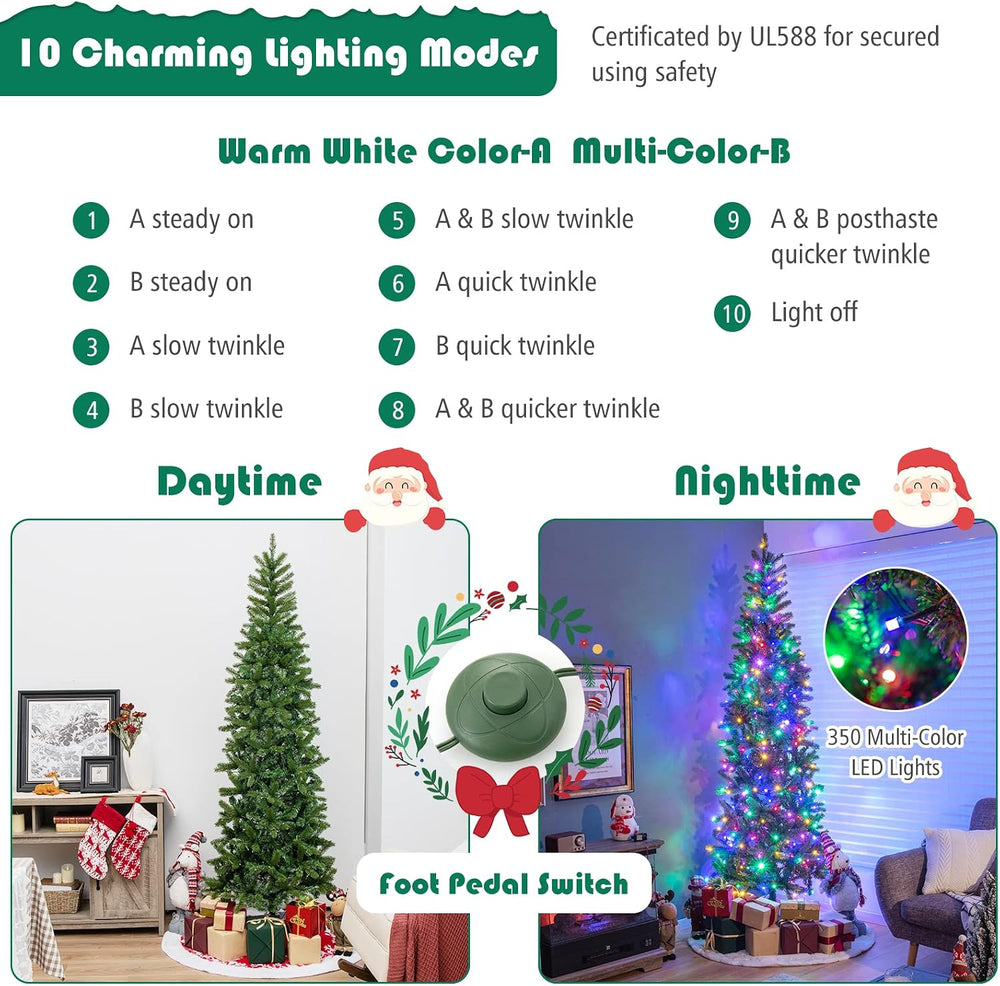 Goplus 7.5ft Pre-Lit Pencil Christmas Tree with 350 Lights, 10 Light-Modes