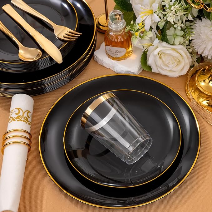 Supernal 350pcs Black & Gold Plastic Dinnerware Set, Elegant Black Plates with Golden Edges, Gold Plastic Silverware, Durable Tableware Perfect for Birthdays, Parties, Wedding, Celebration