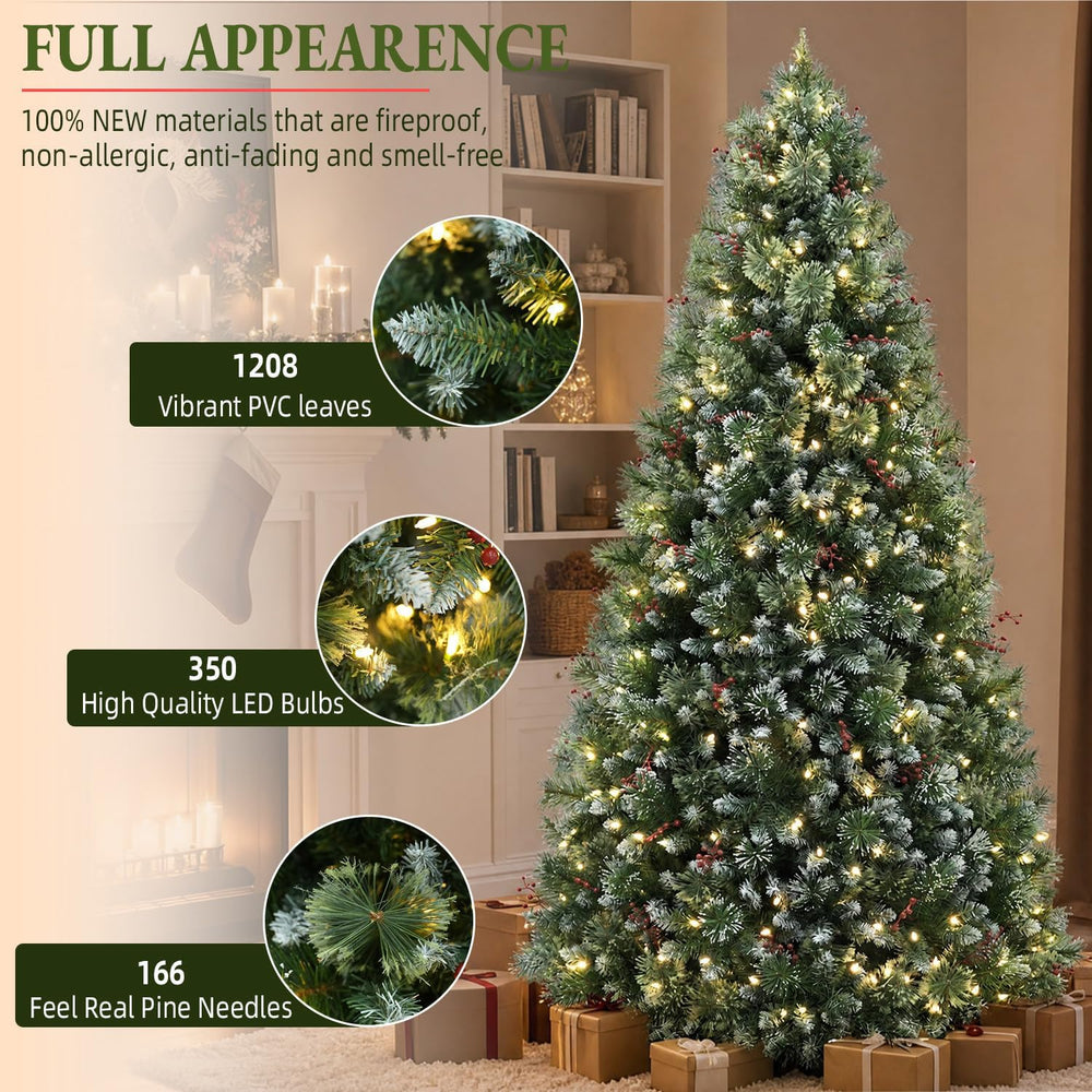 6FT Flocked Prelit Christmas Tree with Pine Needles&Red Berries
