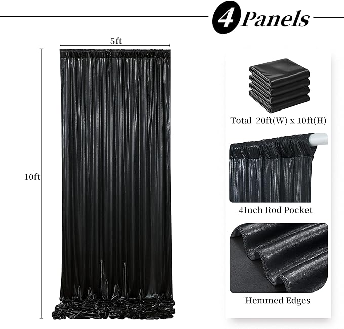20ftx10ft Black Sequin Backdrop Curtain for Parties, Wrinkle Free Thick Glitter Sparkle Photo Backdrop Drapes 4 Panels 5x10FT Shimmer Back Drop Cloth for Wedding Birthday Halloween Background
