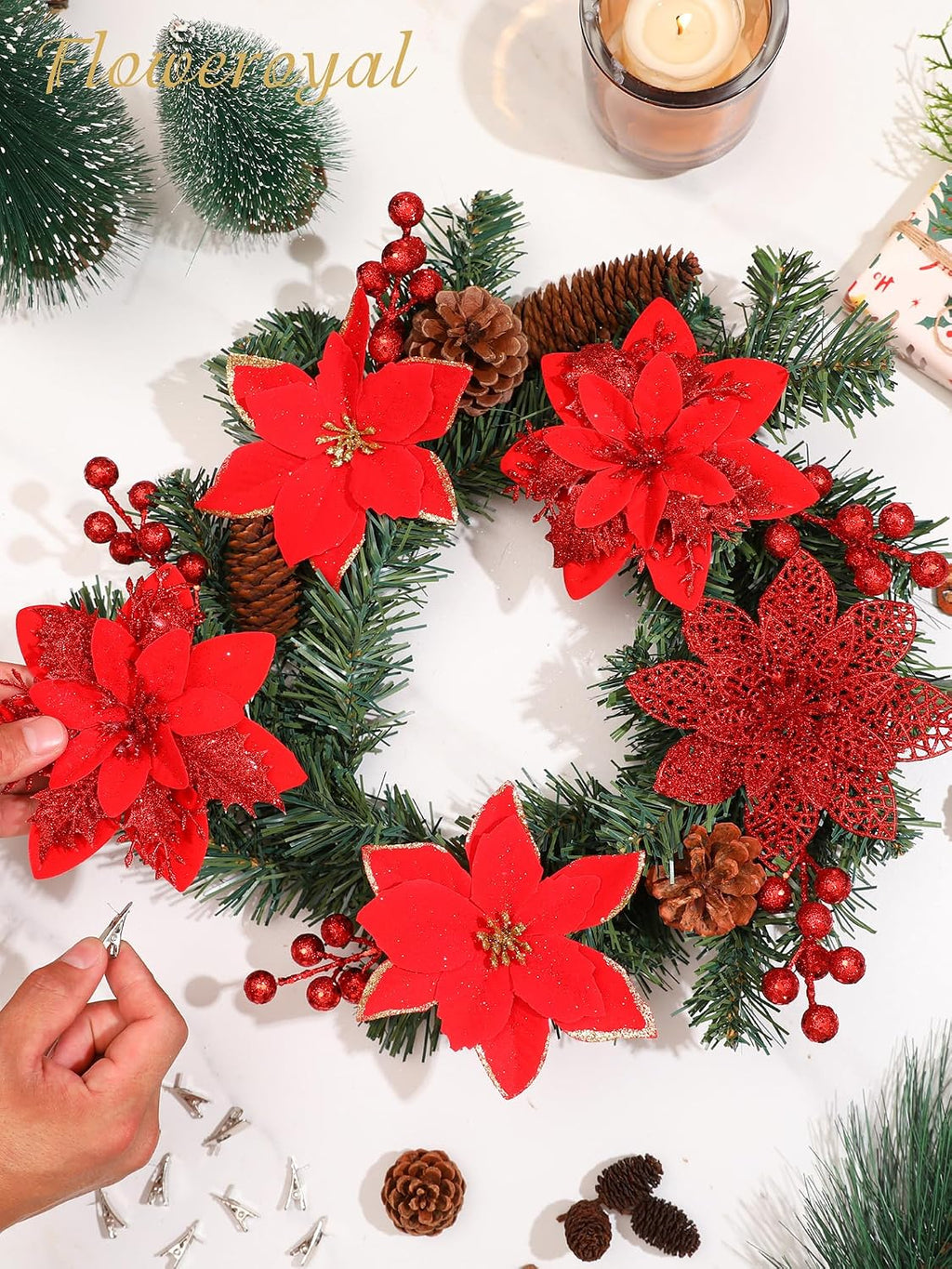 floweroyal 60pcs poinsettia artificial christmas flowers decorations with shown in use